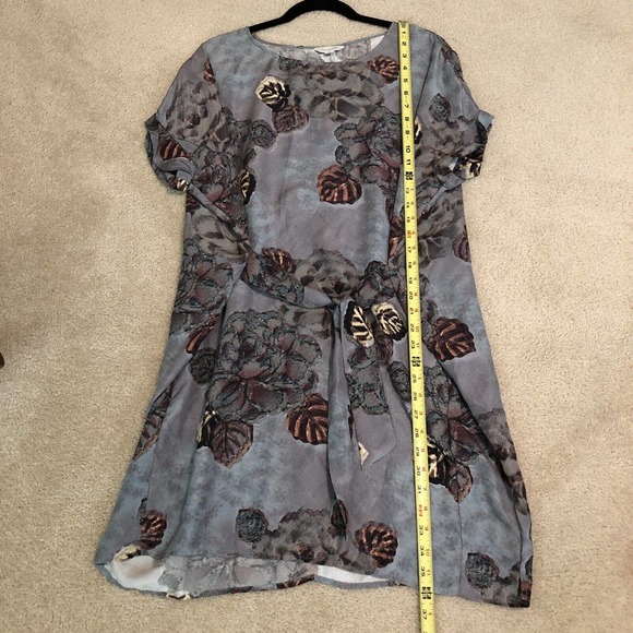 Garnet Hill SZ 08 Silk Tie Front Tunic Dress Short Sleeve Blue Gray Leaves Short - Picture 4 of 7